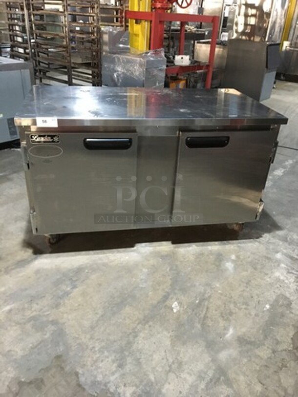 Leader Commercial 2 Door Lowboy/Worktop Cooler! All Stainless Steel! Model ESLB60SC Serial NR12M2306C! 115V 1Phase! On Casters!