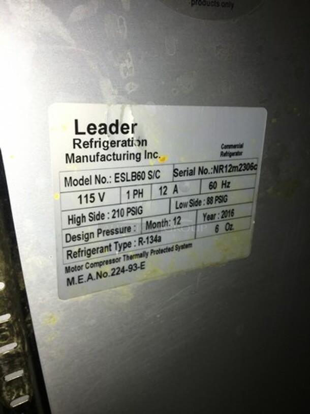 Leader Commercial 2 Door Lowboy/Worktop Cooler! All Stainless Steel! Model ESLB60SC Serial NR12M2306C! 115V 1Phase! On Casters! - Image 7 of 8