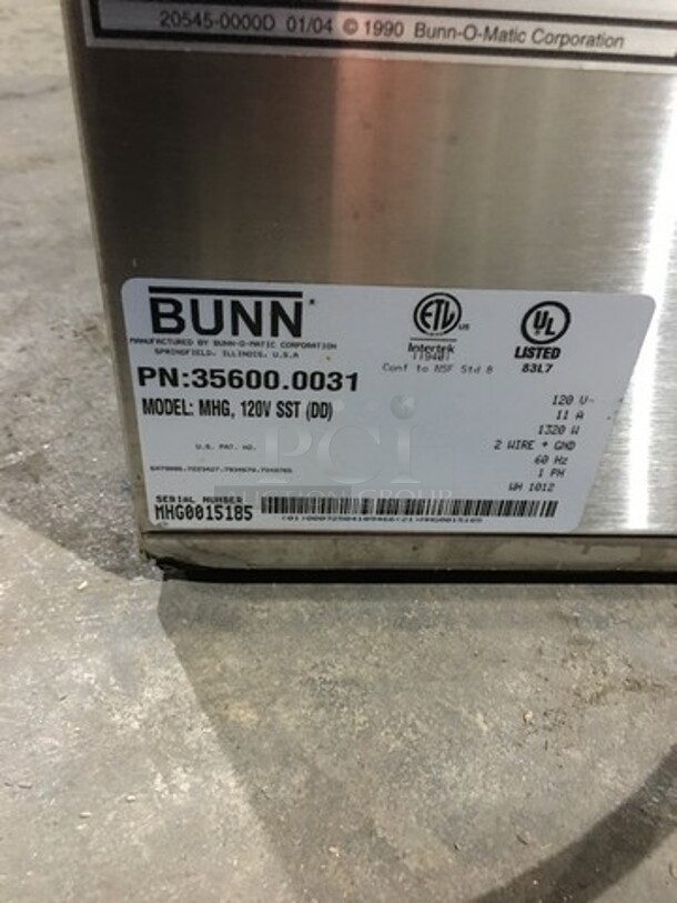 Bunn Commercial Countertop Dual Coffee Bean Grinder! All Stainless Steel! Model MHG Serial MHG0015185! 120V 1Phase!
 - Image 8 of 9