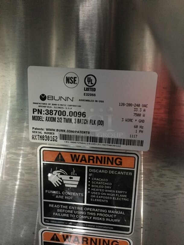 Bunn Commercial Countertop Dual Coffee Brewing Machine! Axiom Series! With 4 Coffee Pot Warming Stations! All Stainless Steel! Model AXIOM2/2TWIN Serial AXTN030162! 120/208/240V! 1Phase! On Legs! - Image 9 of 10
