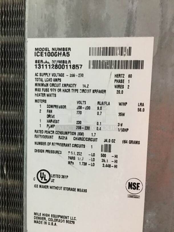 Ice-O-Matic Commercial Air Cooled Ice Making Machine! 1000 LBS Capacity! On Ice Bin! All Stainless Steel! Model ICE1006HA5 Serial 13111280011857! 208/230V 1Phase! On Legs! 2 X Your Bid! Makes One Unit! - Image 5 of 8