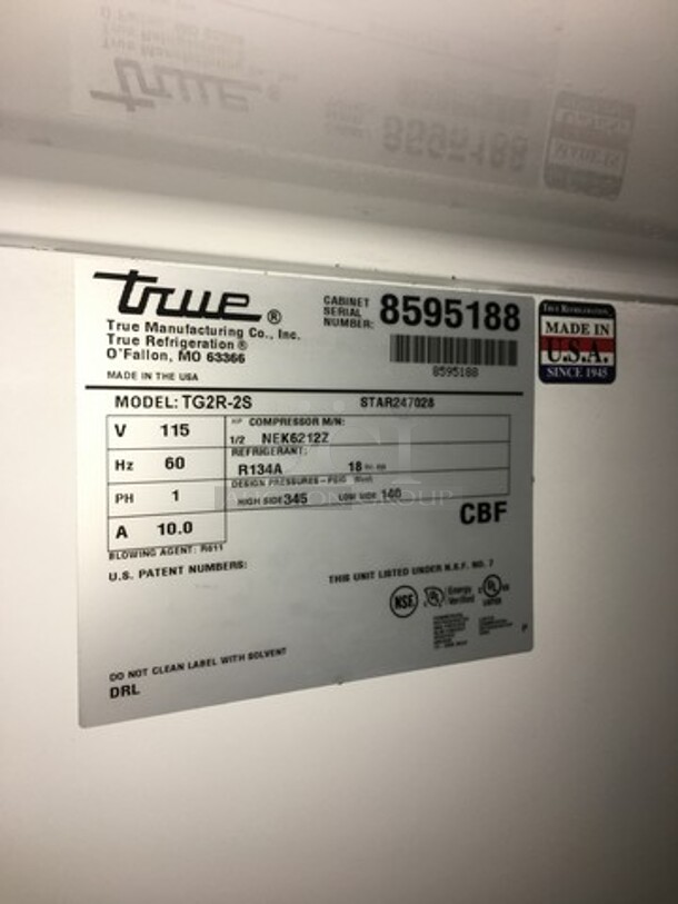True Commercial 2 Door Reach In Refrigerator! With Poly Coated Racks! All Stainless Steel! Model TG2R2S Serial 8595188! 115V 1Phase! On Casters!
 - Image 7 of 8