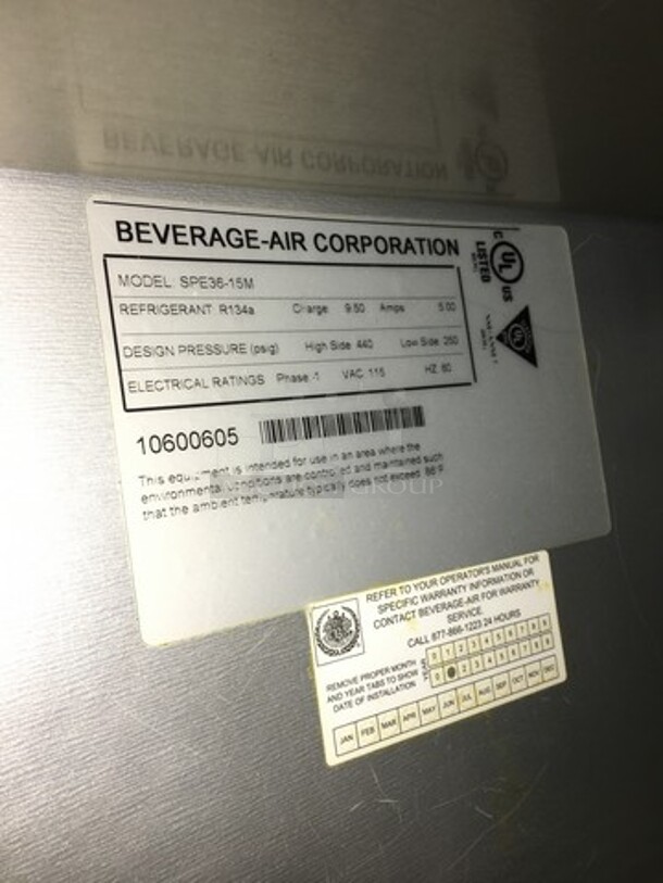 Beverage Air Commercial Mega Top Refrigerated Sandwich Prep Table! With 2 Door Underneath Storage Space! With Poly Coated Racks! All Stainless Steel! Model SPE3615M Serial 10600605! 115V 1Phase! - Image 9 of 10