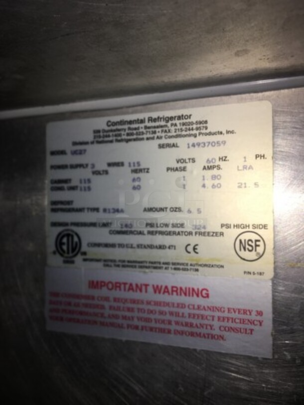 Continental Commercial Single Door Lowboy/Worktop Cooler! All Stainless Steel! Model UC27 Serial 14937059! 115V 1Phase! - Image 7 of 9