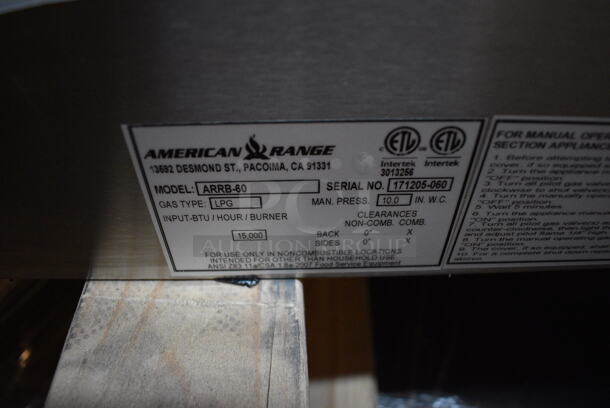 BRAND NEW! American Range Model ARRB-60 Stainless Steel Commercial Countertop Propane Gas Powered Charbroiler Grill w/ Knobs. 60x30.5x12 - Image 9 of 10