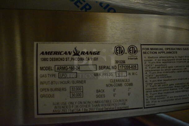 BRAND NEW! American Range Model ARMG-160-24 Stainless Steel Commercial Countertop Propane Gas Powered Charbroiler Grill w/ Knobs. Stock Picture - Cosmetic Condition May Vary. 60x30.5x12 - Image 10 of 11