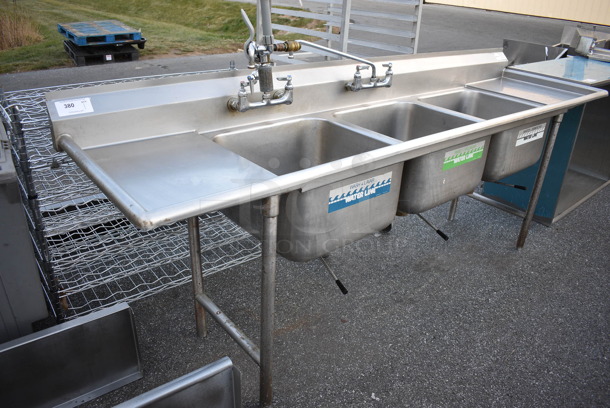 Stainless Steel Commercial 3 Bay Sink w/ Dual Drainboards, Faucet, Handles and Spray Nozzle. 102x27x41. Bays 20x20x11. Drainboards 16x23x1