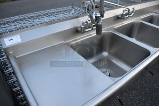 Stainless Steel Commercial 3 Bay Sink w/ Dual Drainboards, Faucet, Handles and Spray Nozzle. 102x27x41. Bays 20x20x11. Drainboards 16x23x1 - Image 2 of 5