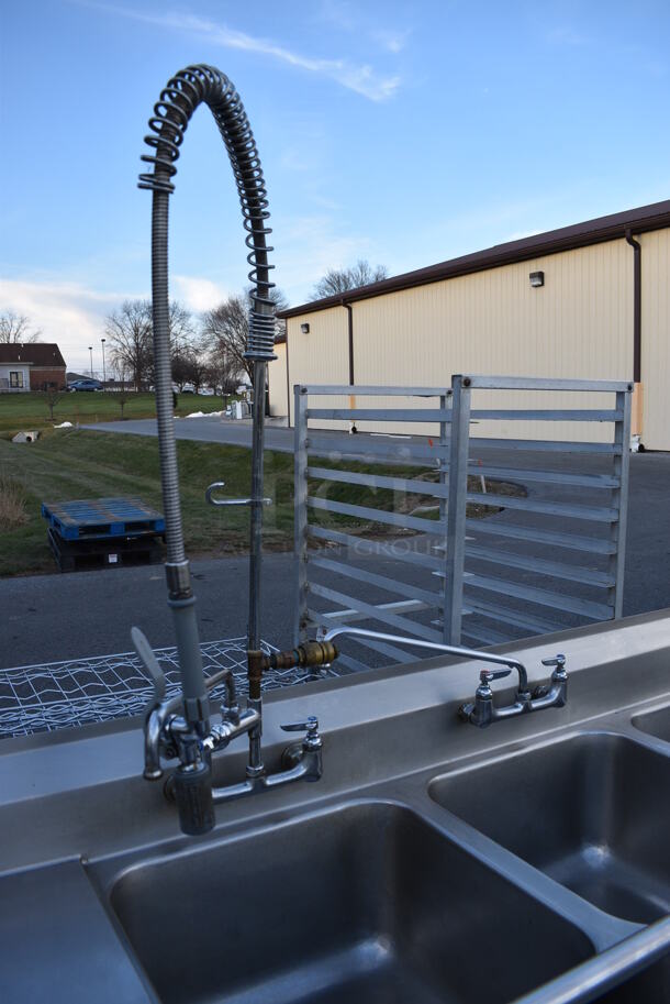 Stainless Steel Commercial 3 Bay Sink w/ Dual Drainboards, Faucet, Handles and Spray Nozzle. 102x27x41. Bays 20x20x11. Drainboards 16x23x1 - Image 3 of 5