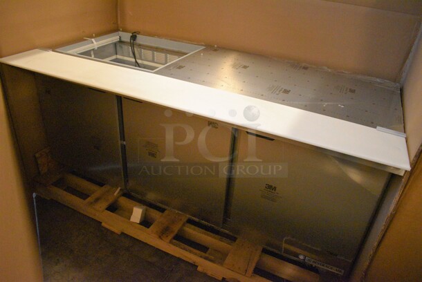 BRAND NEW! Beverage Air Model SPE72-12M Stainless Steel Commercial Sandwich Salad Prep Table Bain Marie Mega Top w/ 12 BRAND NEW IN BOX Vollrath 1/6 Size Drop In Bins and 4 BRAND NEW IN BOX Commercial Casters. Unit Is Missing Mega Top Lid. 115 Volts, 1 Phase. 72x36.5x31. Tested and Working!