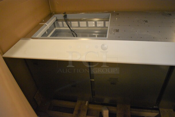BRAND NEW! Beverage Air Model SPE72-12M Stainless Steel Commercial Sandwich Salad Prep Table Bain Marie Mega Top w/ 12 BRAND NEW IN BOX Vollrath 1/6 Size Drop In Bins and 4 BRAND NEW IN BOX Commercial Casters. Unit Is Missing Mega Top Lid. 115 Volts, 1 Phase. 72x36.5x31. Tested and Working! - Image 3 of 12