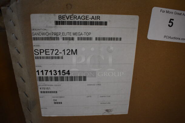 BRAND NEW! Beverage Air Model SPE72-12M Stainless Steel Commercial Sandwich Salad Prep Table Bain Marie Mega Top w/ 12 BRAND NEW IN BOX Vollrath 1/6 Size Drop In Bins and 4 BRAND NEW IN BOX Commercial Casters. Unit Is Missing Mega Top Lid. 115 Volts, 1 Phase. 72x36.5x31. Tested and Working! - Image 11 of 12