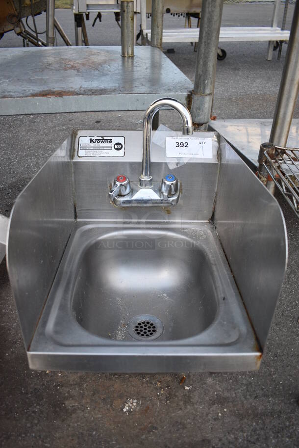 Stainless Steel Commercial Single Bay Wall Mount Sink w/ Side Splash Guards, Faucet and Handles. 13x17x20