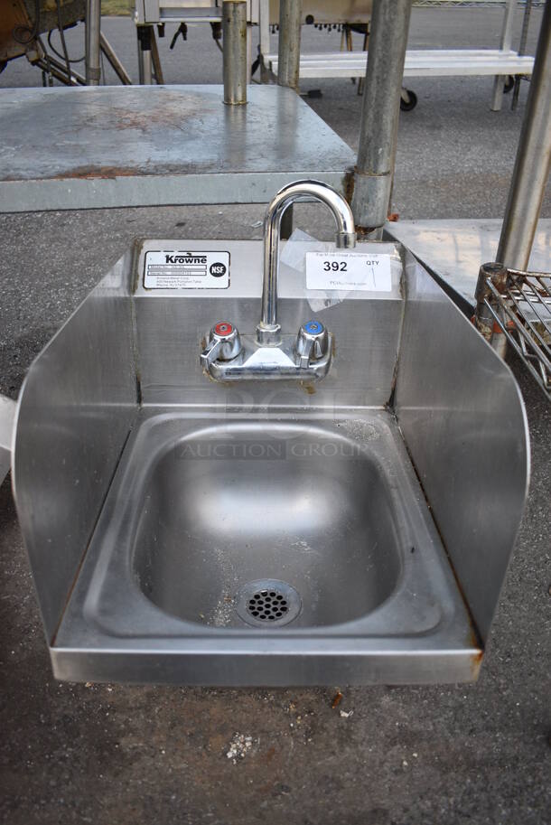 Stainless Steel Commercial Single Bay Wall Mount Sink w/ Side Splash Guards, Faucet and Handles. 13x17x20 - Image 1 of 4