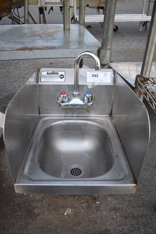 Stainless Steel Commercial Single Bay Wall Mount Sink w/ Side Splash Guards, Faucet and Handles. 13x17x20