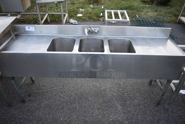 Stainless Steel Commercial 3 Bay Sink w/ Dual Drainboards, Faucet and Handles. 72x18x33. Bays 10x14x9. Drianboards 16x16x1