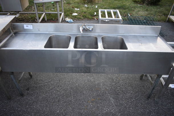 Stainless Steel Commercial 3 Bay Sink w/ Dual Drainboards, Faucet and Handles. 72x18x33. Bays 10x14x9. Drianboards 16x16x1 - Image 1 of 3