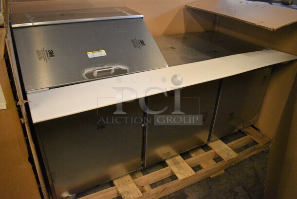 BRAND NEW! Beverage Air Model SPE72-12M Stainless Steel Commercial Sandwich Salad Prep Table Bain Marie Mega Top w/ 12 BRAND NEW IN BOX Vollrath 1/6 Size Drop In Bins and 4 BRAND NEW IN BOX Commercial Casters. 115 Volts, 1 Phase. 72x36.5x40. Tested and Working!