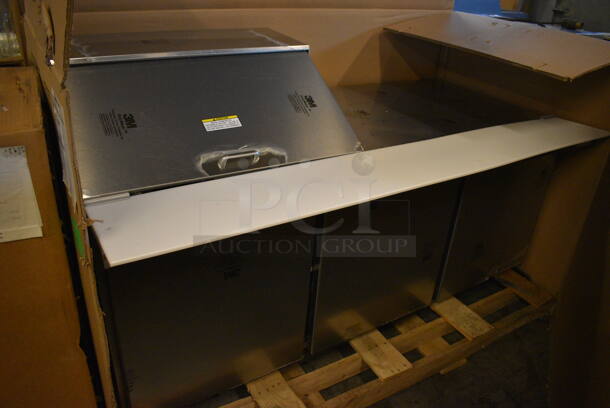 BRAND NEW! Beverage Air Model SPE72-12M Stainless Steel Commercial Sandwich Salad Prep Table Bain Marie Mega Top w/ 12 BRAND NEW IN BOX Vollrath 1/6 Size Drop In Bins and 4 BRAND NEW IN BOX Commercial Casters. 115 Volts, 1 Phase. 72x36.5x40. Tested and Working! - Image 9 of 10