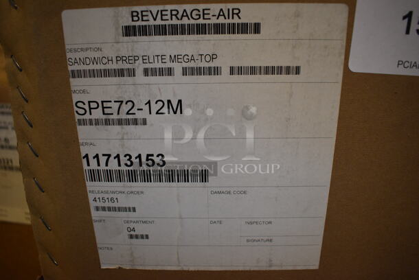 BRAND NEW! Beverage Air Model SPE72-12M Stainless Steel Commercial Sandwich Salad Prep Table Bain Marie Mega Top w/ 12 BRAND NEW IN BOX Vollrath 1/6 Size Drop In Bins and 4 BRAND NEW IN BOX Commercial Casters. 115 Volts, 1 Phase. 72x36.5x40. Tested and Working! - Image 9 of 9