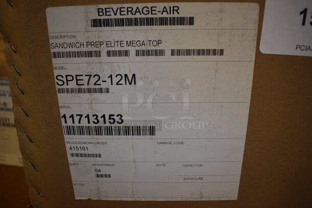 BRAND NEW! Beverage Air Model SPE72-12M Stainless Steel Commercial Sandwich Salad Prep Table Bain Marie Mega Top w/ 12 BRAND NEW IN BOX Vollrath 1/6 Size Drop In Bins and 4 BRAND NEW IN BOX Commercial Casters. 115 Volts, 1 Phase. 72x36.5x40. Tested and Working! - Image 10 of 10