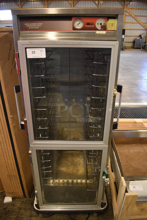 GREAT! Metal Commercial Heated Holding Pan Rack w/ 2 View Through Half Size Doors on Commercial Casters. 27x33x66. Could Not Test - Unit Trips Breaker