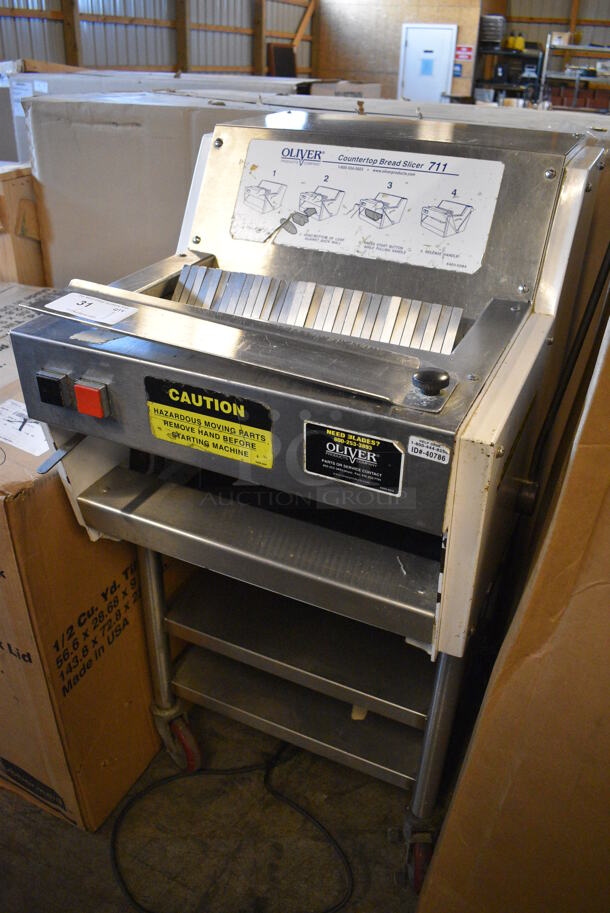 SWEET! Oliver Model 711 Metal Commercial Countertop Bread Loaf Slicer on Stainless Steel Equipment Stand w/ Commercial Casters. 115 Volts, 1 Phase. 26x28.5x48. Tested and Working! - Image 2 of 7