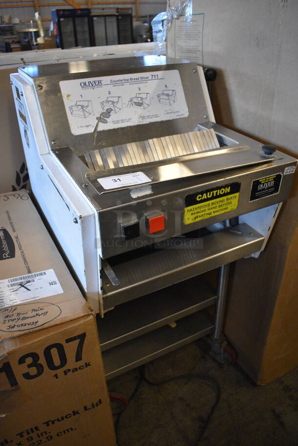 SWEET! Oliver Model 711 Metal Commercial Countertop Bread Loaf Slicer on Stainless Steel Equipment Stand w/ Commercial Casters. 115 Volts, 1 Phase. 26x28.5x48. Tested and Working! - Image 3 of 7