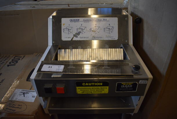 SWEET! Oliver Model 711 Metal Commercial Countertop Bread Loaf Slicer on Stainless Steel Equipment Stand w/ Commercial Casters. 115 Volts, 1 Phase. 26x28.5x48. Tested and Working! - Image 4 of 7