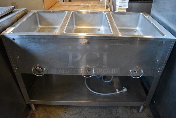 NICE! Stainless Steel Commercial Floor Style Electric Powered 3 Bay Steam Table w/ Metal Undershelf. 44.5x23x34. Cannot Test Due To Plug Style