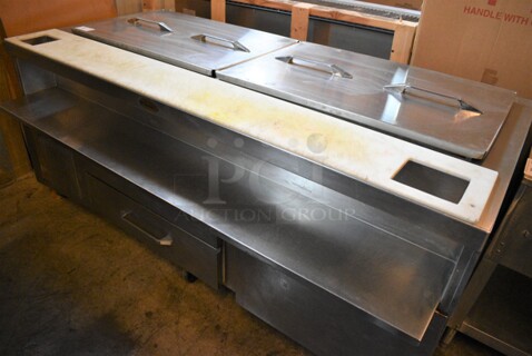 GREAT! Randell Stainless Steel Commercial Prep Station w/ 2 Drawers, Door and 2 Lids on Commercial Casters. 84x41.5x37. Tested and Powers On But Does Not Get Cold