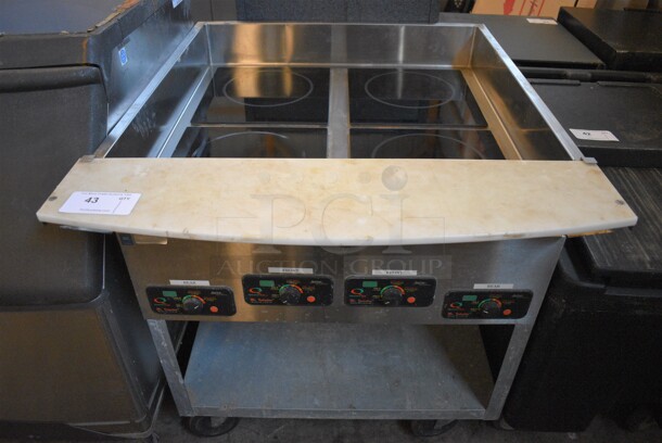 NICE! Mr Induction Stainless Steel Commercial Electric Powered 4 Burner Range w/ Cutting Board and Metal Undershelf on Commercial Casters. 32x38.5x33. Tested and Working!