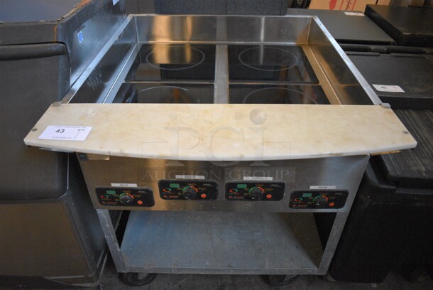 NICE! Mr Induction Stainless Steel Commercial Electric Powered 4 Burner Range w/ Cutting Board and Metal Undershelf on Commercial Casters. 32x38.5x33. Tested and Working! - Image 1 of 8