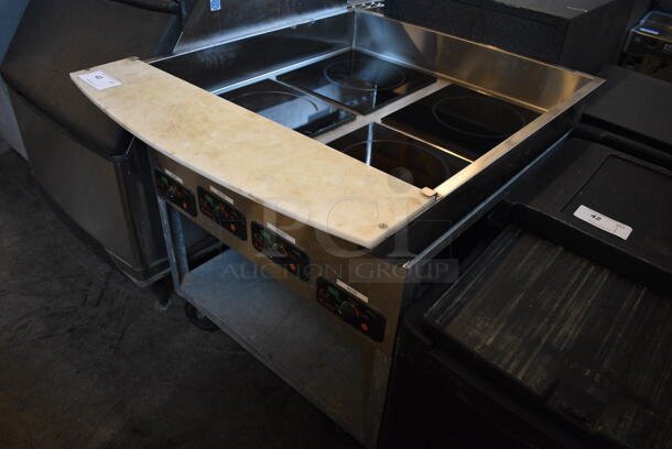 NICE! Mr Induction Stainless Steel Commercial Electric Powered 4 Burner Range w/ Cutting Board and Metal Undershelf on Commercial Casters. 32x38.5x33. Tested and Working! - Image 2 of 8