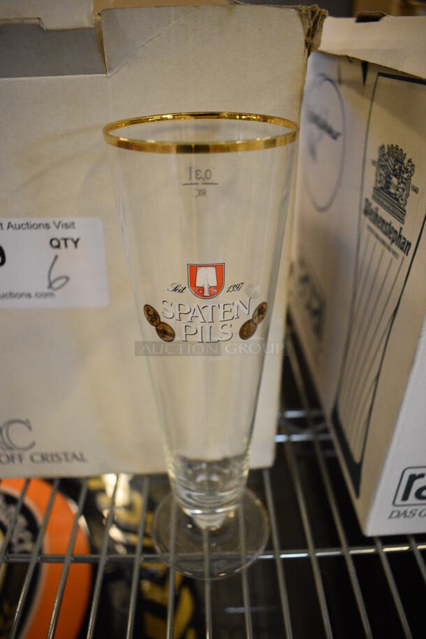6 BRAND NEW IN BOX! Spaten Pils Footed Beverage Glasses. 3x3x9. 6 Times Your Bid!
