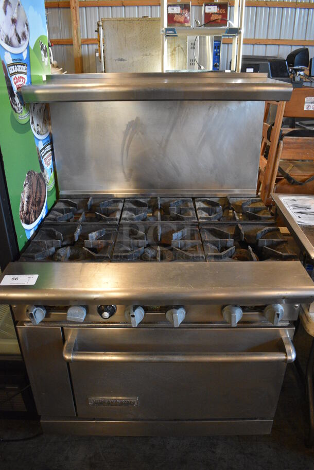 WOW! American Range Stainless Steel Commercial Gas Powered 6 Burner Range w/ Lower Oven and Stainless Steel Overshelf on Commercial Casters. 36x33x57 - Image 1 of 7