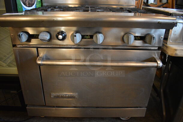WOW! American Range Stainless Steel Commercial Gas Powered 6 Burner Range w/ Lower Oven and Stainless Steel Overshelf on Commercial Casters. 36x33x57 - Image 2 of 7