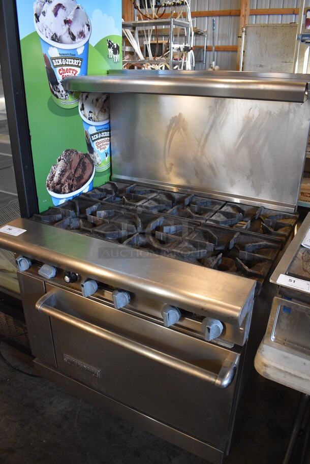 WOW! American Range Stainless Steel Commercial Gas Powered 6 Burner Range w/ Lower Oven and Stainless Steel Overshelf on Commercial Casters. 36x33x57 - Image 6 of 7