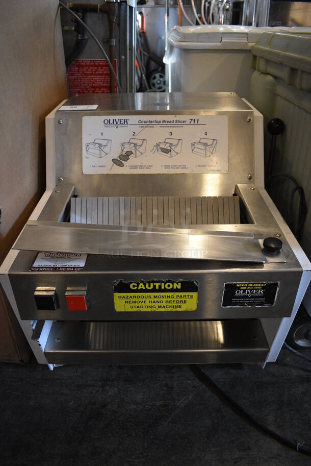 SWEET! Oliver Model 711 Metal Commercial Countertop Bread Loaf Slicer. 115 Volts, 1 Phase. 26x29x21.5. Tested and Working!