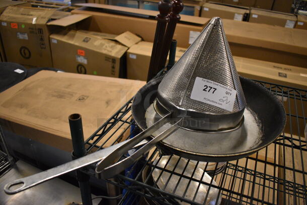2 Metal Items; China Cap Strainer and Metal Skillet. 20x9.5x10, 26x15x3. 2 Times Your Bid!