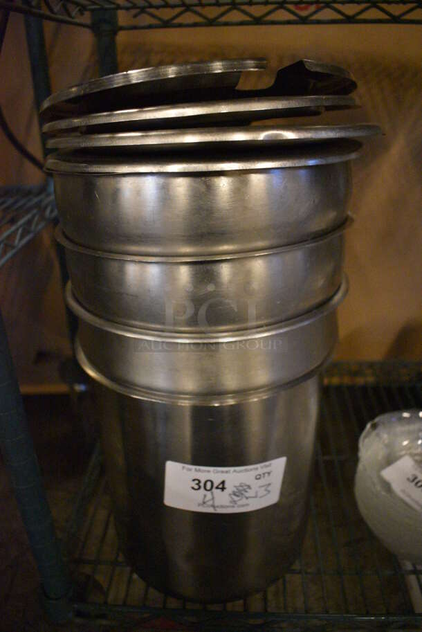4 Stainless Steel Cylindrical Drop In Bins w/ 3 Lids. Includes 9.5x9.5x10. 4 Times Your Bid!