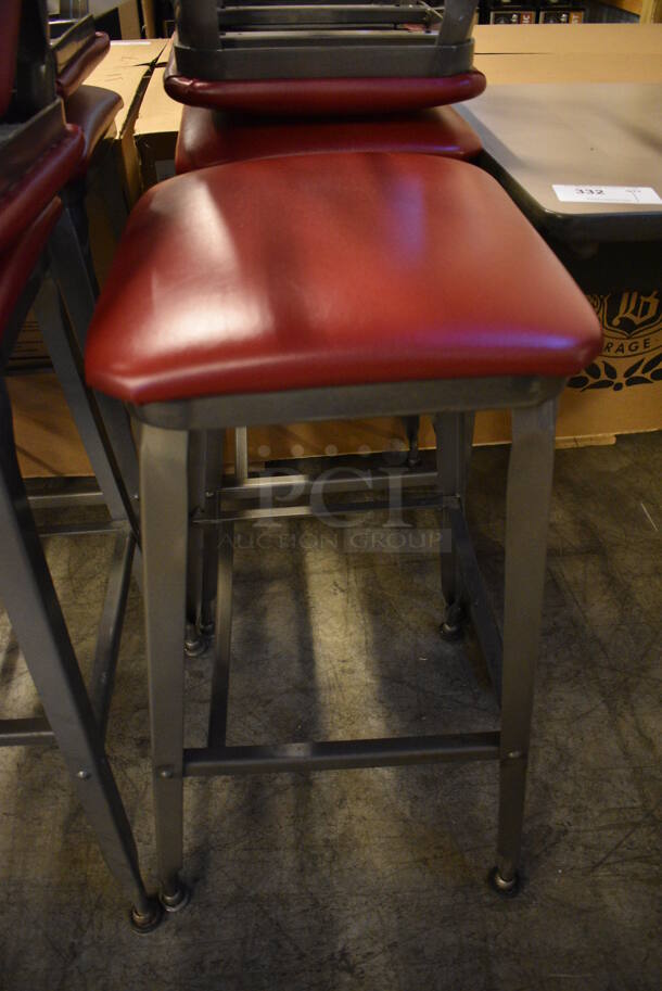 2 Brown Metal Bar Height Stools w/ Red Seat Cushion. Stock Picture - Cosmetic  Condition May Vary. 16x14x30. 2 Times Your Bid!