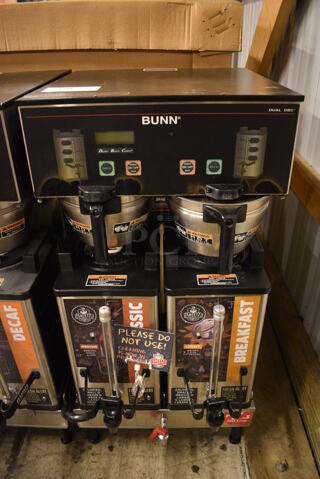 GREAT! 2012 Bunn Model DUAL SH DBC Stainless Steel Commercial Countertop Dual Coffee Machine w/ Hot Water Dispenser, 2 Bunn Model SH SERVER Satellite Servers and 2 Metal Brew Baskets. 120/208-240 Volts, 1 Phase. 18x19x36. Unit Was Pulled From a Working Environment!