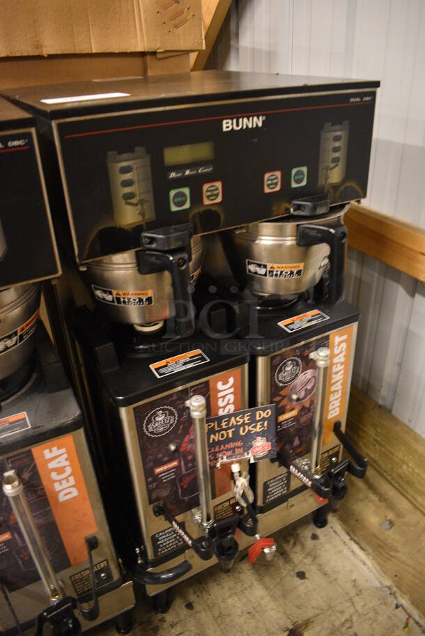 GREAT! 2012 Bunn Model DUAL SH DBC Stainless Steel Commercial Countertop Dual Coffee Machine w/ Hot Water Dispenser, 2 Bunn Model SH SERVER Satellite Servers and 2 Metal Brew Baskets. 120/208-240 Volts, 1 Phase. 18x19x36. Unit Was Pulled From a Working Environment! - Image 2 of 5