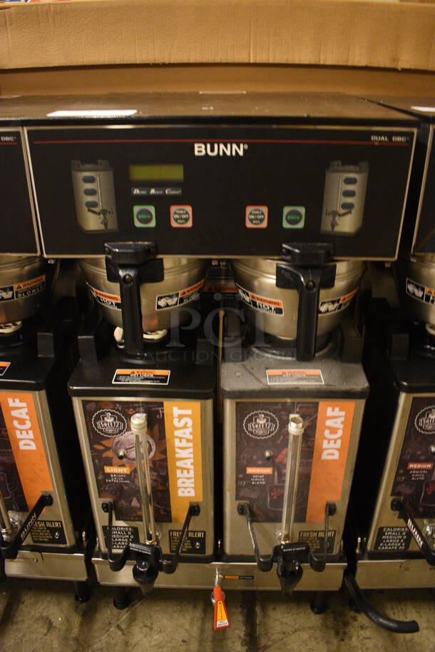 GREAT! 2016 Bunn Model DUAL SH DBC Stainless Steel Commercial Countertop Dual Coffee Machine w/ Hot Water Dispenser, 2 Bunn Model SH SERVER Satellite Servers and 2 Metal Brew Baskets. 120/208-240 Volts, 1 Phase. 18x19x36. Unit Was Pulled From a Working Environment!