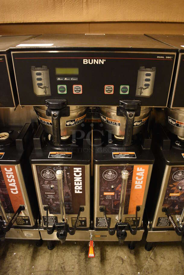 GREAT! 2016 Bunn Model DUAL SH DBC Stainless Steel Commercial Countertop Dual Coffee Machine w/ Hot Water Dispenser, 2 Bunn Model SH SERVER Satellite Servers and 2 Metal Brew Baskets. 120/208-240 Volts, 1 Phase. 18x19x36. Unit Was Pulled From a Working Environment!