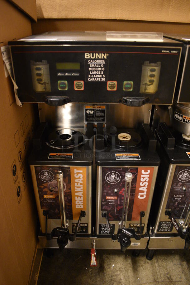 GREAT! 2012 Bunn Model DUAL SH DBC Stainless Steel Commercial Countertop Dual Coffee Machine w/ Hot Water Dispenser, 2 Bunn Model SH SERVER Satellite Servers. 120/208-240 Volts, 1 Phase. 18x19x36. Unit Was Pulled From a Working Environment!