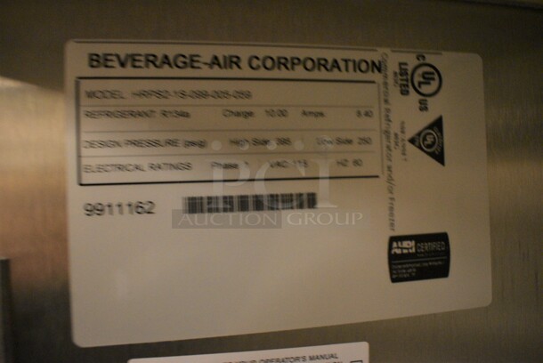 BRAND NEW! Beverage Air Model HRPS2-1S-099-005-059 ENERGY STAR Stainless Steel Commercial 2 Door Reach In Cooler w/ Poly Coated Racks. 115 Volts, 1 Phase. 49x30x79. Tested and Working! - Image 7 of 10