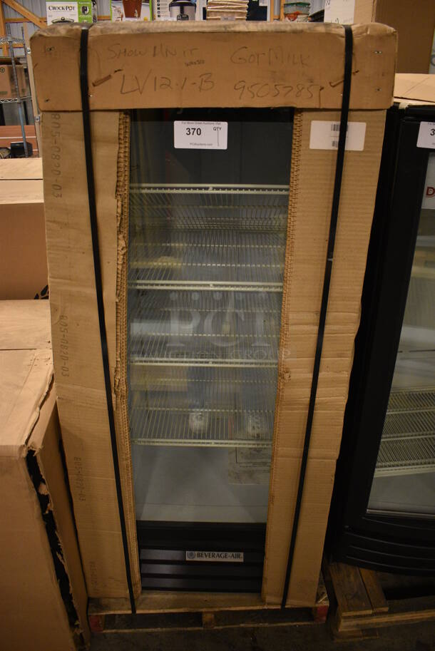 BRAND NEW! Beverage Air Model LV12-1-B Metal Commercial Single Door Reach In Cooler Merchandiser w/ Poly Coated Racks. 115 Volts, 1 Phase. 24x25x61. Tested and Working!