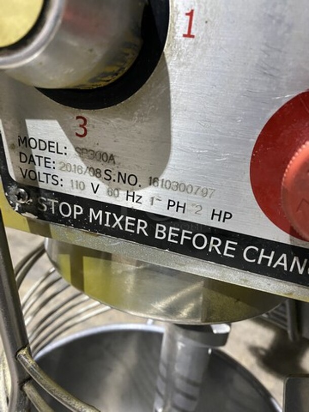 Presto 30 Quart Floor Style Planetary Mixer! With Stainless Steel Bowl & Bowl Guard! With Dough Paddle Attachment! Model SP300A Serial 1610300707! 110V 1Phase! - Image 3 of 9